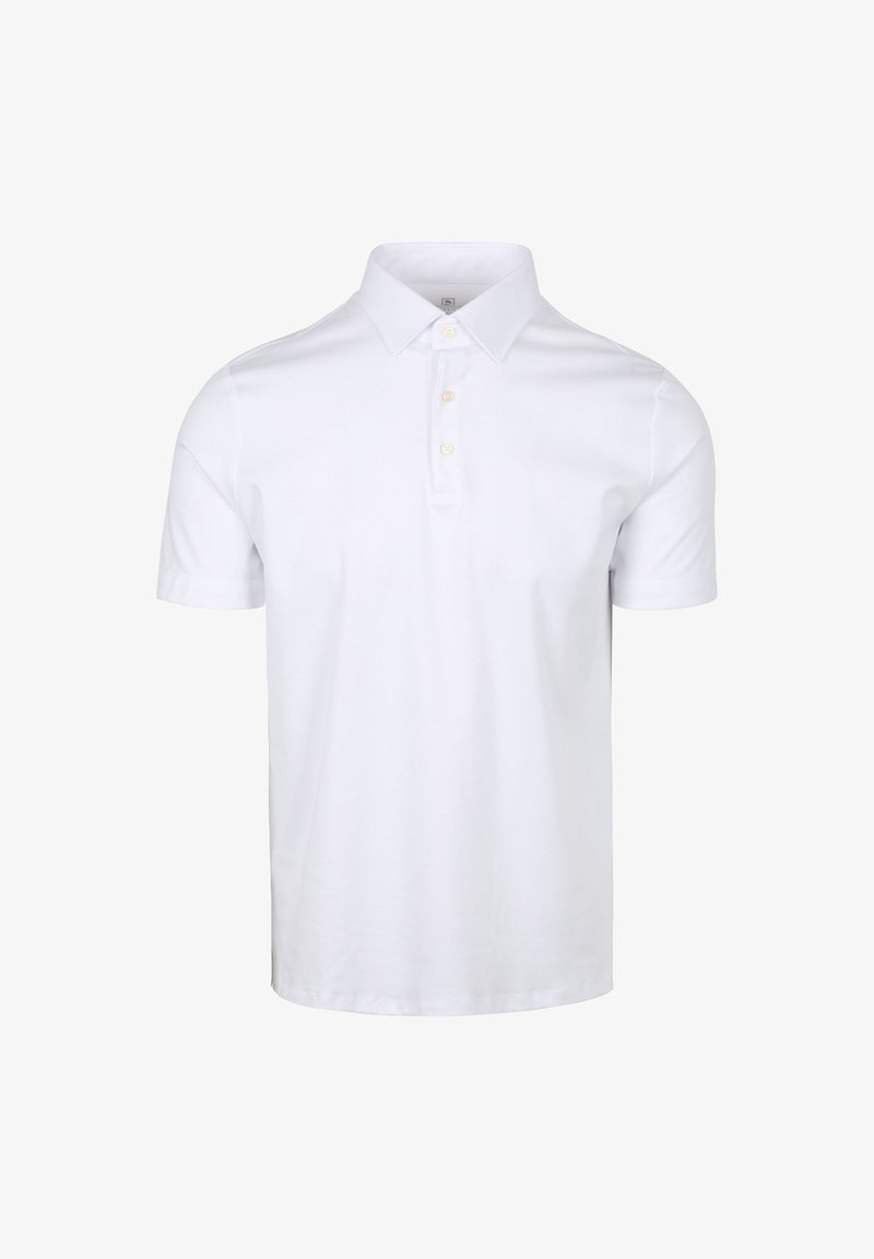 Witte polo met korte mouwen, vlakke kraag, drie knopen en zachte katoen. Soepele textuur, eenvoudig ontwerp en geen patronen.