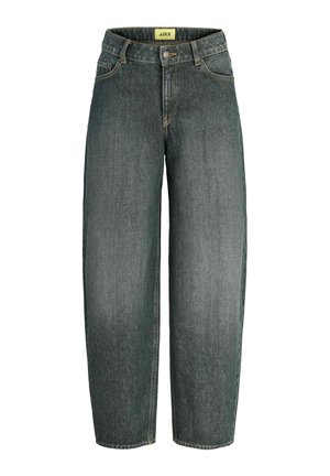 Jean droit taille haute gris foncé avec poches avant, fermeture par boutons et une petite étiquette de marque jaune à l’intérieur de la ceinture.