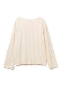 Langärmliges, cremefarbenes Hemd mit weitem Ausschnitt, von hinten auf einem weißen Hintergrund gezeigt.