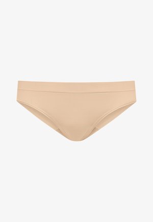 Beige bikini-underkläder i mjukt tyg med en mjuk midja och sömlösa kanter, med en lågriskonstruktion.