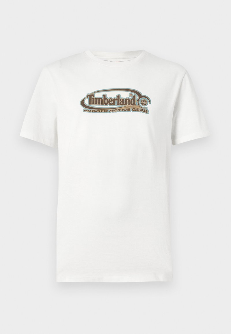 Witte katoenen t-shirt met een grafische print van "Timberland Rugged Active Gear" in bruin en blauw. Korte mouwen en ronde hals.