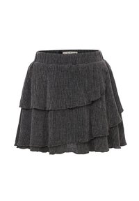 Donkergrijze minirok in een gelaagd ontwerp met textuur, met een brede tailleband en gelaagde ruches.