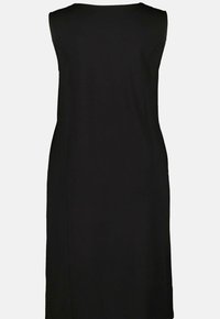 Svart ärmlös klänning med rak siluett, tillverkad av slät tyg, med rund halsringning och minimalistisk design.