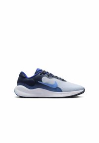 Zapatillas de running de Nike con un diseño degradado en gris claro y azul marino con acentos en azul, parte superior de malla y suela acolchada.