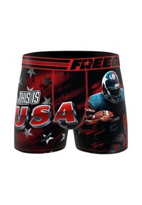 Boxer-briefs pour hommes en noir, rouge et bleu. Avec un motif de joueur de football, des étoiles, et le texte "C'EST L'AMÉRIQUE". Fabriqué en tissu extensible.