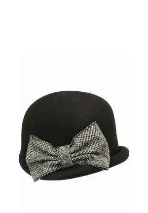 Black rounded hat with a turned-up brim, adorned with a large black-and-white checkered fabric bow at the front.