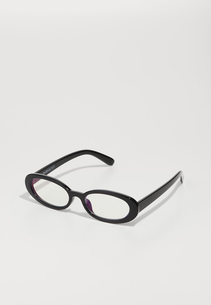Óculos ovais pretos com lentes transparentes, apresentando um acabamento suave e hastes largas. As lentes têm um leve tom púrpura. Logótipo na laterais.