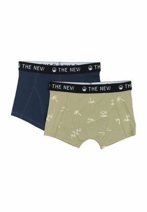 To sæt boxershorts: mørk navy med en glat tekstur og lys olivengrøn med et palmetræsmønster. Begge har sorte elastiske taljer med branding.