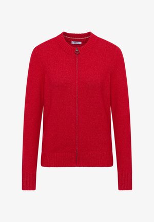 Rød strikket cardigan med rund halsudskæring, frontlynlås, ribstrikkede manchetter og kant. Blød tekstur med let glans.