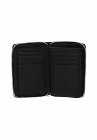 Portefeuille en cuir noir avec fermeture éclair, comprenant plusieurs emplacements pour cartes de crédit et une texture lisse. L'intérieur est entièrement noir avec des détails de couture.