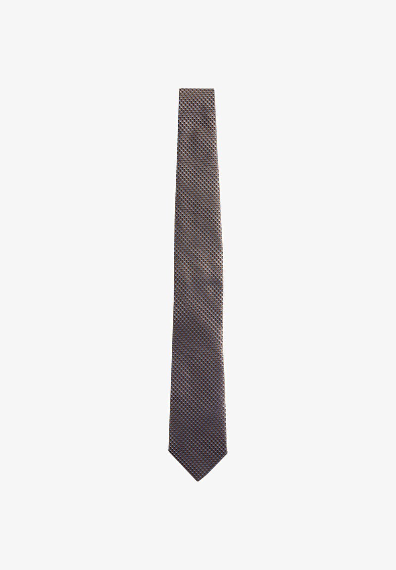 Cravatta stretta di colore marrone scuro con un motivo geometrico in blu chiaro e rosso. Realizzata in tessuto liscio, con punta affusolata e design classico.