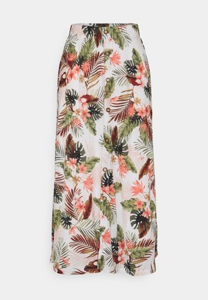 Hvid nederdel med knapper foran, prydet med grønne og brune tropiske blade samt pink blomster, midi-længde, lige snit.