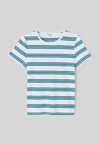 T-shirt à manches courtes en coton, avec des rayures horizontales bleues et vertes sur un fond blanc, doté d'un col rond.