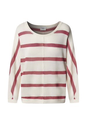Weißer Strickpullover mit horizontalen pinkfarbenen Streifen über den Körper und die Ärmel, mit rundem Ausschnitt und langen Ärmeln.