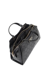 Borsa nera realizzata in pelle testurizzata, con chiusura a zip, due manici e un'esterno decorato da un motivo con accenti dorati. Comparti interni visibili.