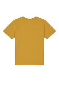 Kurzarm-T-Shirt in Gelb. Weiches Baumwollmaterial, Rundhalsausschnitt, gerade geschnitten. Keine Grafiken oder Muster, glatte Textur.