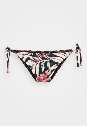 Bikini bottom in black with a tropical floral pattern in pink and green. Features adjustable tie side straps and a smooth texture.