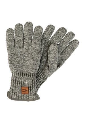 Graue gestrickte Handschuhe mit einem gerippten Bündchen, ausgestattet mit einem Lederpatch mit einem Logo. Sie sind aus einem strukturierten Garn gefertigt und haben fünf Fingerfächer.