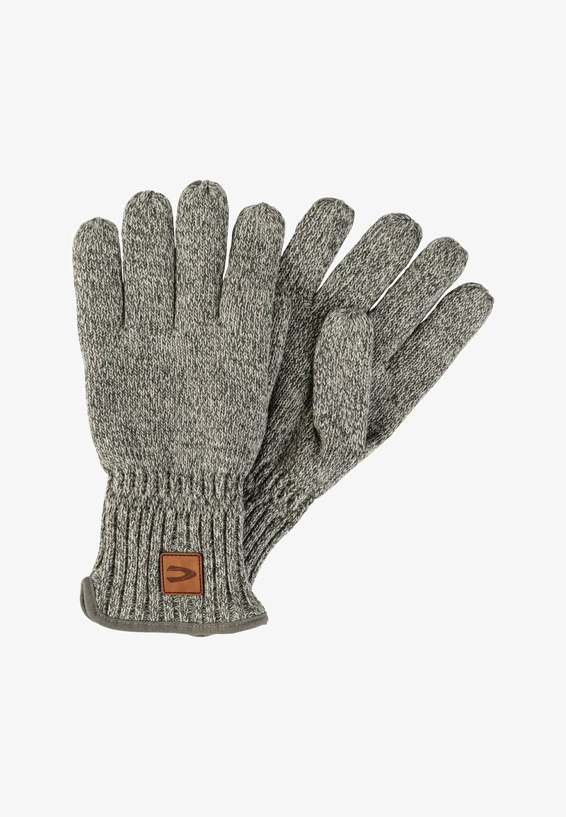 Gray knitted gloves with a ribbed cuff, featuring a leather patch with a logo. Made from a textured yarn, they have five finger compartments.