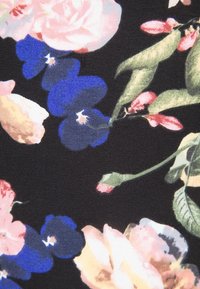 Floral fabric with a black background, featuring large pink roses, blue flowers, and green leaves. Smooth texture with vibrant colors.