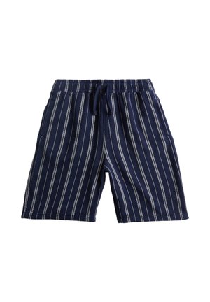 Marineblauwe korte broek met elastische tailleband en witte verticale strepen, voorzien van steekzakken aan de voorkant en een voorstrik.