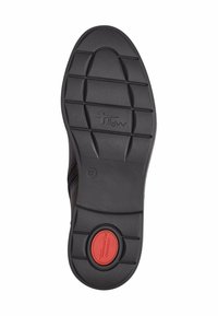 Semelle de chaussure en caoutchouc noir avec un motif de grille texturé, comportant un accent rouge circulaire portant l'inscription "Confort de Marche". Taille indiquée comme 37.