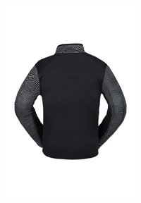 Zwarte jas met een textuur in het lichaam, zwart-witte, gestreepte mouwen, hoge kraag, gladde stof en een getailleerd ontwerp voor comfort en warmte.