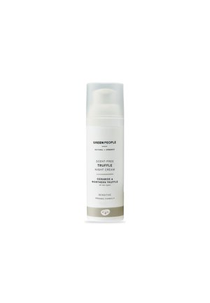 Scent-Free Truffle Night Cream in a white cylindrical pump bottle with a translucent cap; features minimalistic design and soft texture.