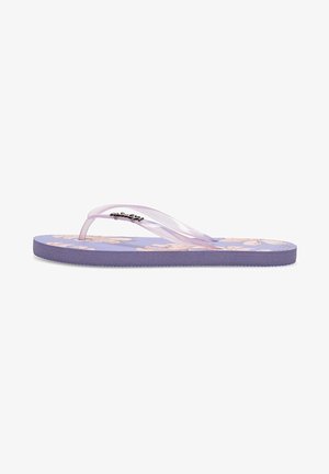 Purple flip-flops with translucent straps, floral pattern on footbed, textured sole for grip, and a silver accent logo.