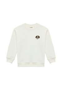 Witte katoenen sweatshirt met lange mouwen, geribbelde manchetten en zoom. Bevat een klein geborduurd hondenhoofd in bruin en zwart.