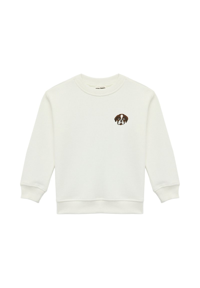 Witte katoenen sweatshirt met lange mouwen, geribbelde manchetten en zoom. Bevat een klein geborduurd hondenhoofd in bruin en zwart.