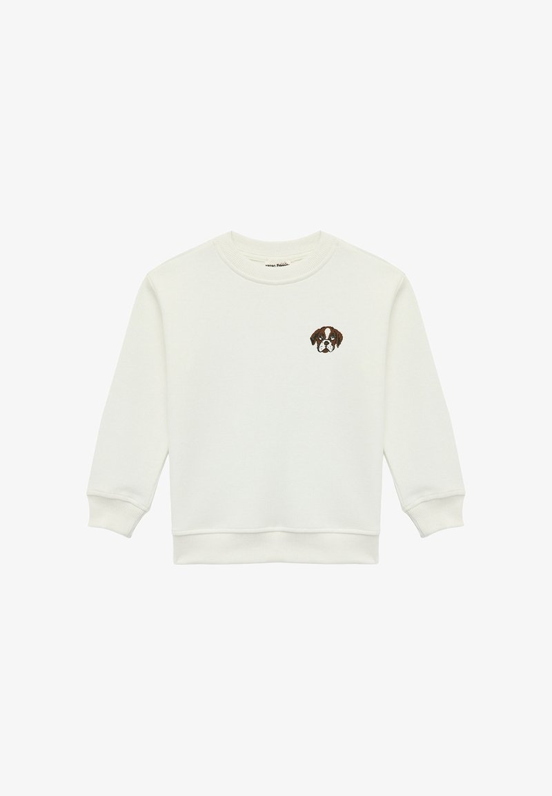 Witte katoenen sweatshirt met lange mouwen, geribbelde manchetten en zoom. Bevat een klein geborduurd hondenhoofd in bruin en zwart.