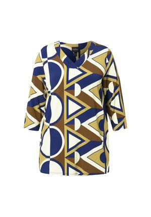 V-hals top met 3/4 mouwen en een geometrisch patroon in blauw, wit en bruin. Zachte stof met een ontspannen pasvorm en contrasterende vormen.