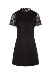 Zwarte jurk met korte kanten mouwen, hoge halslijn en bloemenkant overlay. Het aansluitende lijfje loopt over in een uitlopende rok.