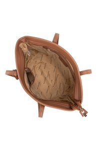 Borsa a tracolla in pelle marrone con chiusura a zip e tasche interne. Foderata in tessuto beige con un motivo logo ripetuto.