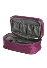 Case da viaggio viola con zip, dotato di un'esterno texture, interno grigio e molteplici tasche elastiche per l'organizzazione.