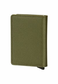 Portafoglio verde oliva con superficie texturizzata, design rettangolare sottile, cuciture visibili e un accento in metallo nero sul bordo inferiore.
