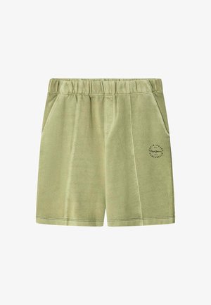 Shorts de algodón verde claro con cintura elástica, bolsillos laterales y un pequeño detalle de logo en el frente. Textura suave con costuras cosidas.
