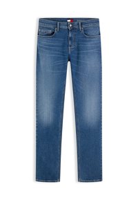 Μπλε τζιν slim fit με μπροστινές τσέπες, θηλιές για ζώνη και κούμπωμα με κουμπί, με ελαφριά ξεθώριασμα στους μηρούς και λεπτομέρειες με το λογότυπο στη μέση.