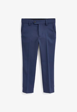 Navy tailored trousers made of smooth fabric. Features a button closure, front pockets, and a straight-leg design. Clean-cut appearance.
