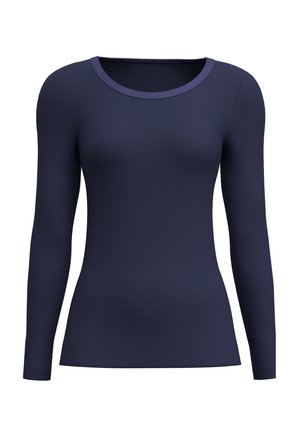 Langarm navy top van glad, textuurstof met een ronde halslijn en een getailleerd ontwerp. Geen patronen of hardware aanwezig.