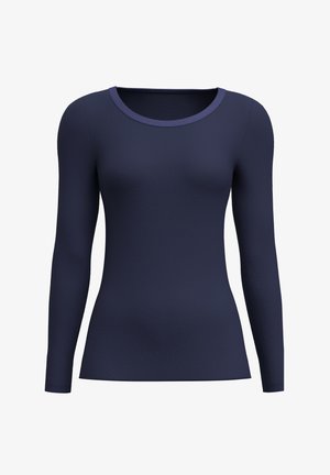 Langarm navy top van glad, textuurstof met een ronde halslijn en een getailleerd ontwerp. Geen patronen of hardware aanwezig.