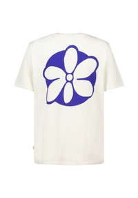 Roomkleurige katoenen t-shirt met een groot paars bloemmotief op de achterkant. Korte mouwen en een klassieke ronde halslijn.