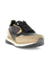 Sneaker met een zwarte leren bovenkant, beige suedine accenten en een luipaardprint zijpaneel. Beschikt over ronde veters en een rubberen zool.