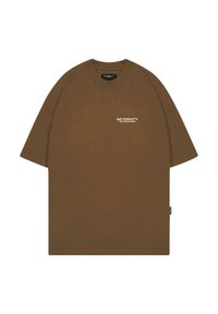 Brown cotton T-shirt with short sleeves, crew neck, and white text graphic "RETERNITY CREATIVE DEPARTMENT" on the left chest.