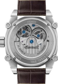 Mechanisch horloge met roestvrijstalen kast, bruine leren band en een transparante achterkant die tandwielen en blauwe accenten toont.