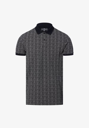 Schwarzes Poloshirt mit kurzen Ärmeln und einem weißen abstrakten Muster. Es hat einen einfarbigen schwarzen Kragen und Ärmelbündchen, ist in normaler Passform sowie mit einer Knopfleiste.