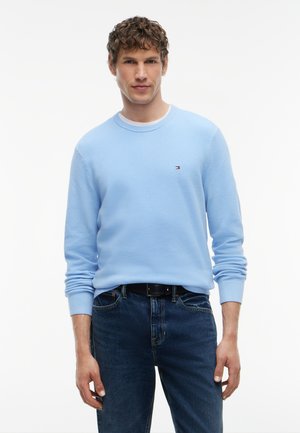Jeune homme aux cheveux bouclés portant un pull en maille bleu clair et un jean bleu foncé, debout devant un fond blanc uni.