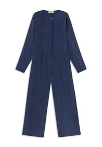 Navy blauwe jumpsuit van gladde stof, met lange mouwen, een ronde halslijn, een sluiting met knopen aan de voorkant en een recht, wijd pijpen ontwerp.