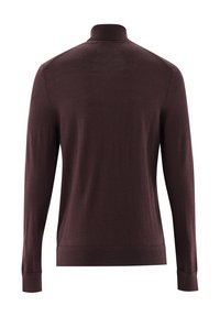 Rückansicht eines schlichten, langärmeligen, dunkelbraunen Rollkragenpullovers mit gerippten Bündchen und Saum vor weißem Hintergrund.